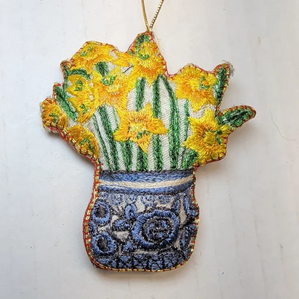 Set of 4 Embroidered Floral Ornaments Sunflower Daffodil Botanical Garden Decor